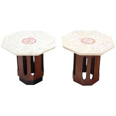 Pair of Octagon Shape Travertine Top End or Side Table on Walnut Bases