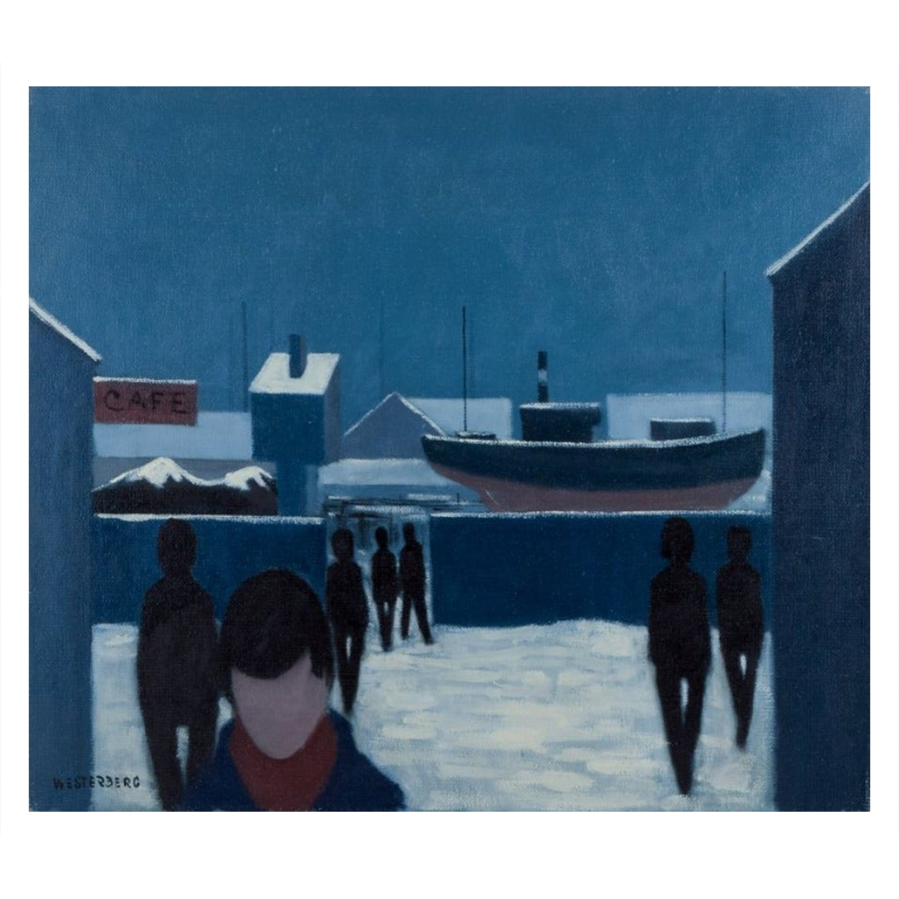 K. Westerberg alias Knud Horup. Oil on canvas. Harbor scene with people. 1970s. 