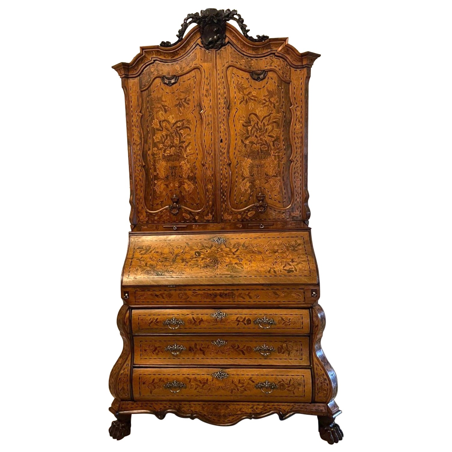 Outstanding Quality Antique Dutch Marquetry Inlaid Burr Walnut Bureau Bookcase For Sale