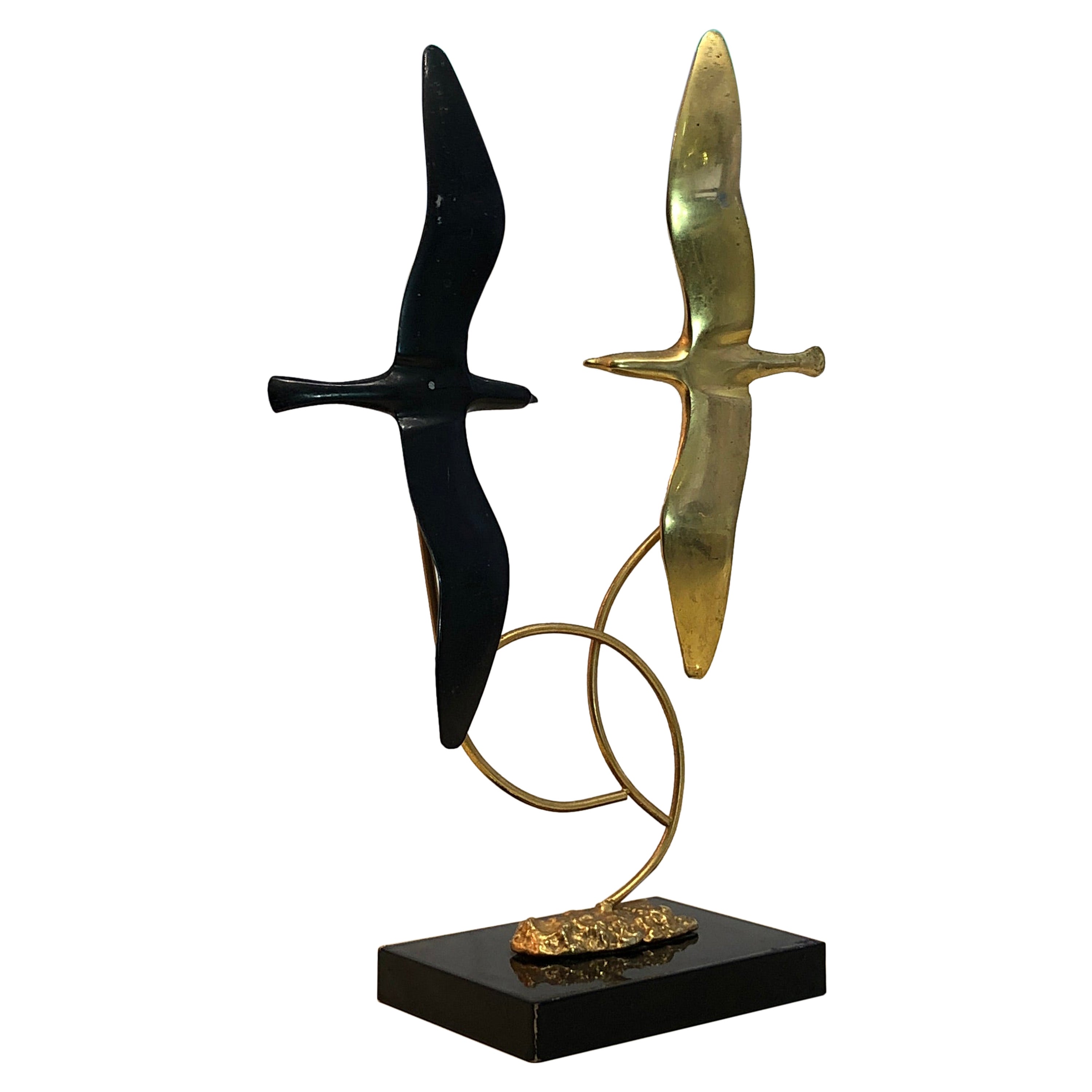 Brass Birds Sculpture 1970s Hollywood Regency Decorative Art Black Gold Wood For Sale