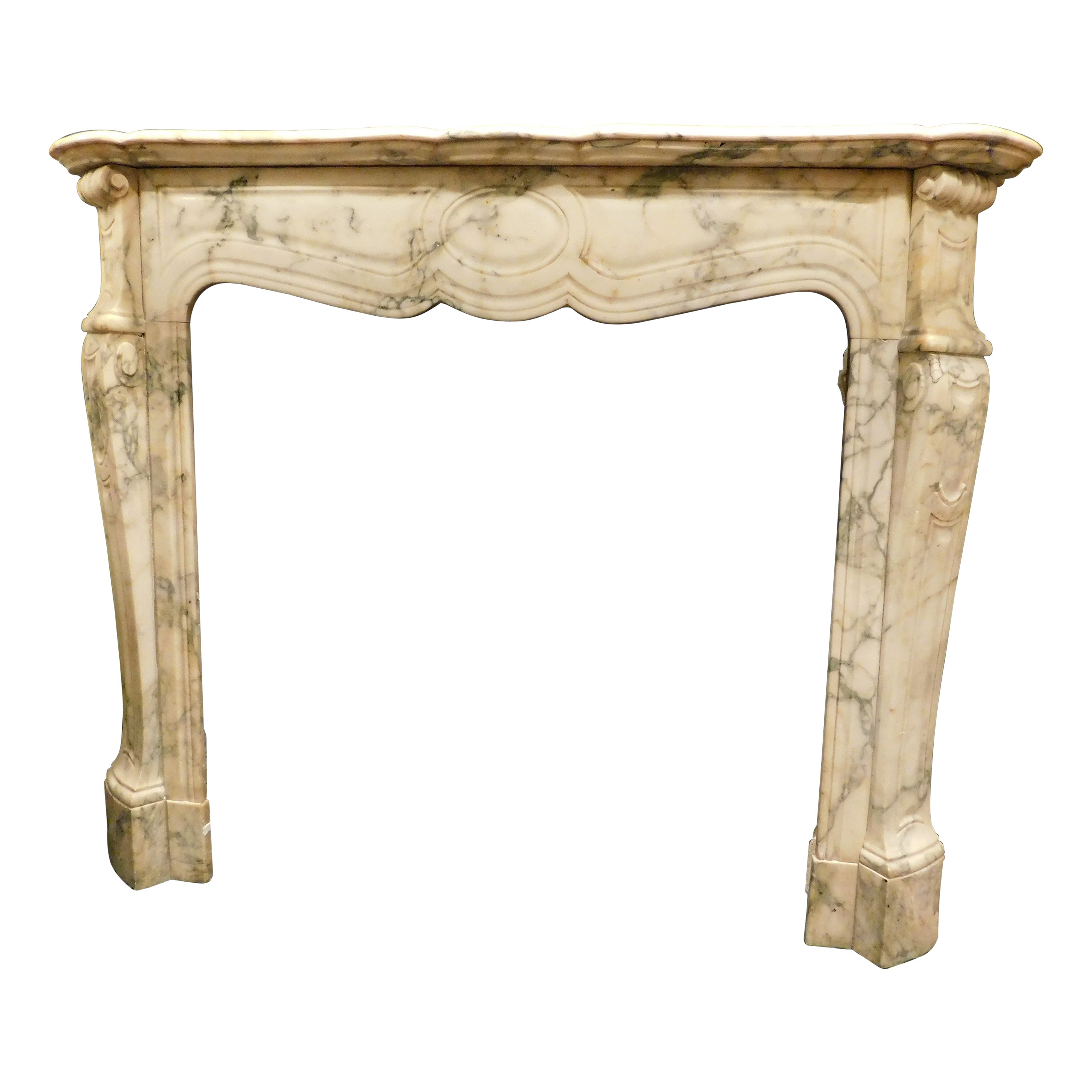 Pompadour fireplace mantle in gray veined white marble, France For Sale