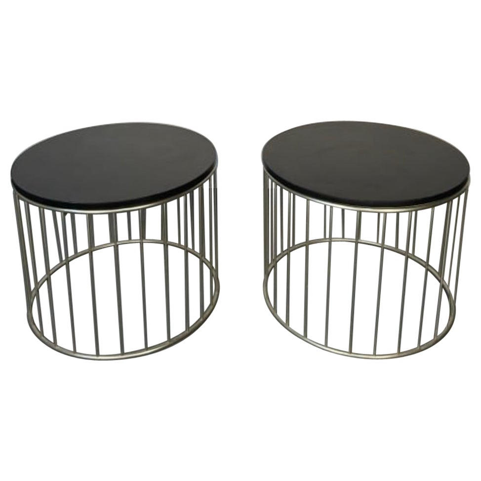 Pair Mid century modern black granite metal spindle base round end tables  For Sale