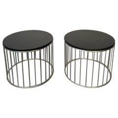 Pair Mid century modern black granite metal spindle base round end tables 