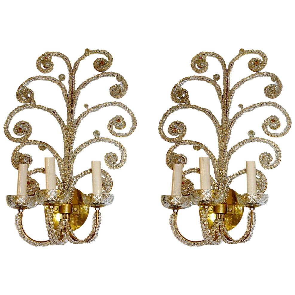 Gilt Sconces with Crystal Beads For Sale