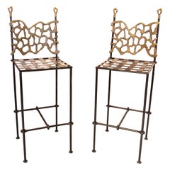 Vintage 1980s David Marshall Pair of Iron and Bronze Bar Chairs 