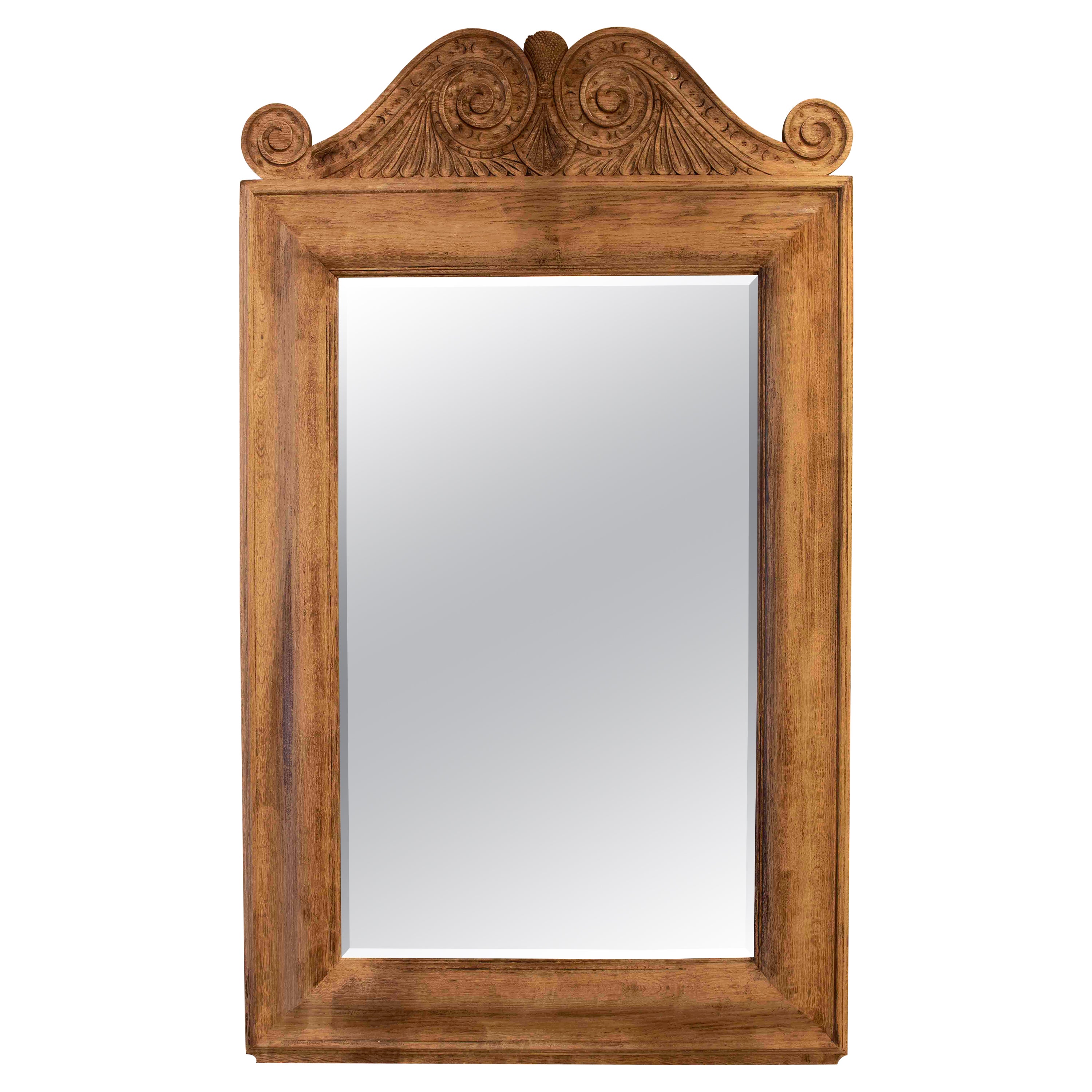 Hand-Carved Wooden Wall Mirror with Top For Sale