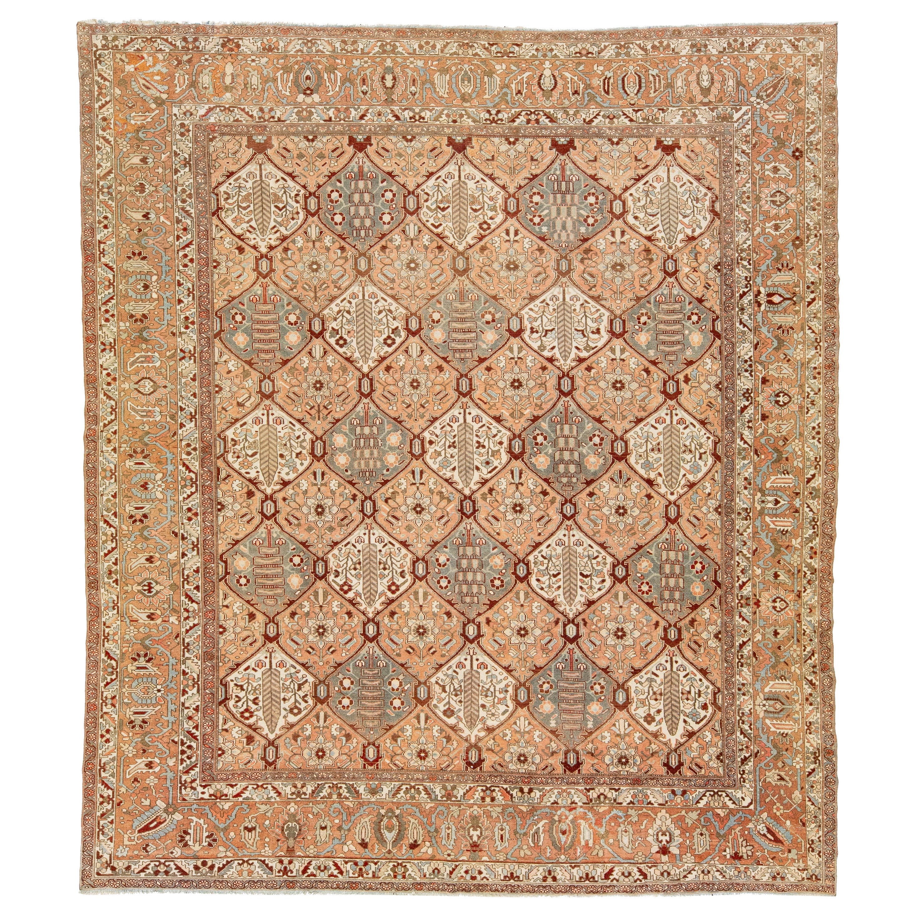 1920s Persian Bakhtiari Peach Wool Rug Handmade With Allover Geometric Pattern For Sale