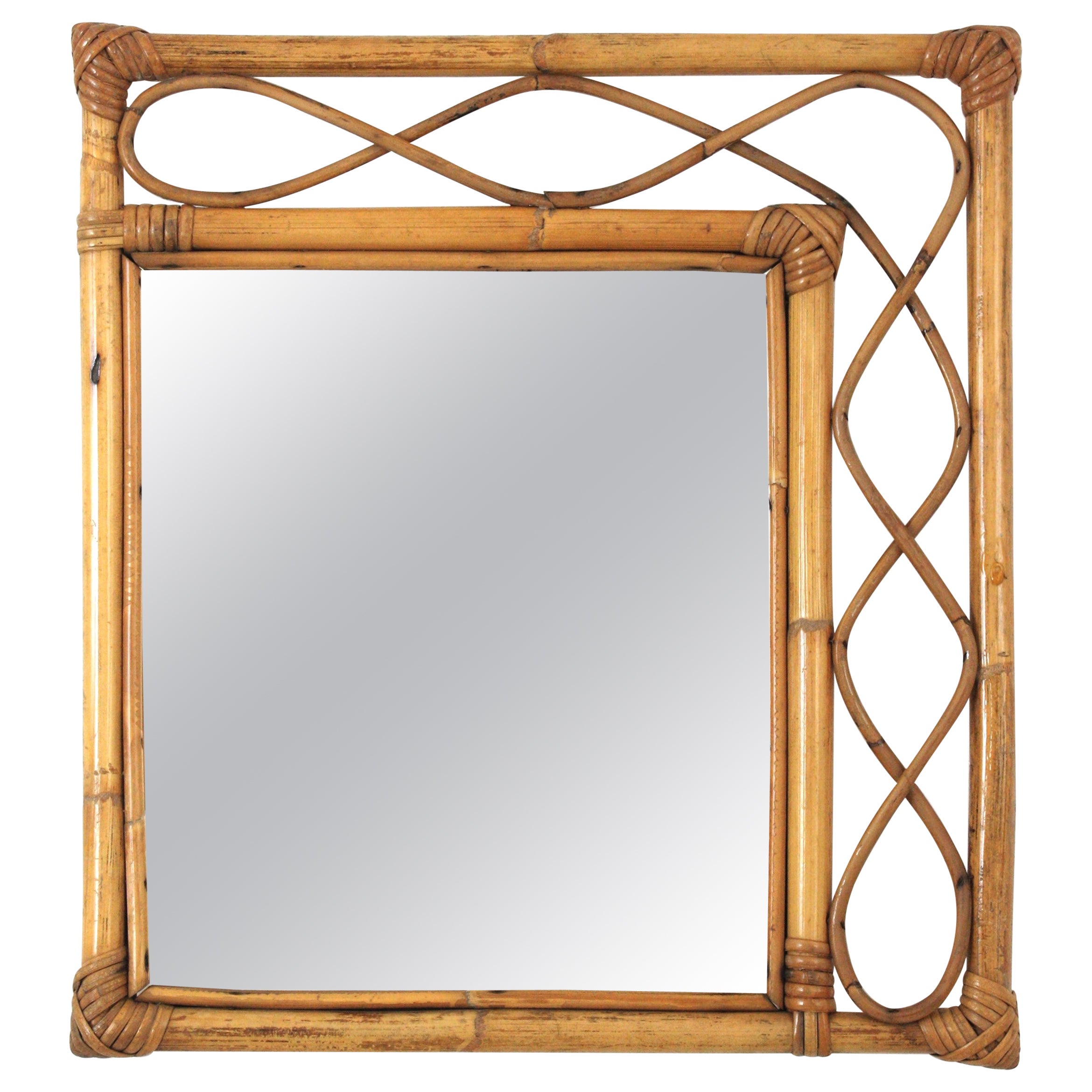 Miroir rectangulaire asymétrique en rotin et bambou de style Franco Albini en vente