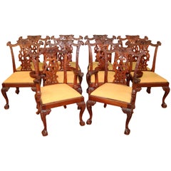 Set of 10 Mahogany Irish Chippendale Style Dining Chairs Beige / Gold Fabric