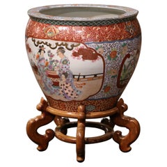 Mid-Century Chinese Export Painted Porcelain Fish Bowl on Carved Walnut Stand