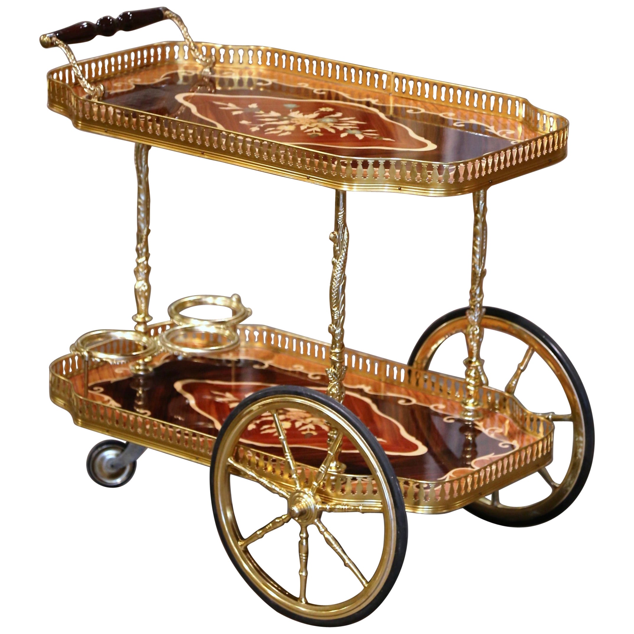 Late 20th Century Italian Floral Marquetry and Brass Service Bar Cart Trolley For Sale