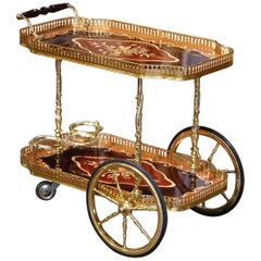 Retro Late 20th Century Italian Floral Marquetry and Brass Service Bar Cart Trolley