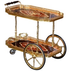 Chariot de service en marqueterie florale et laiton italien de la fin du 20e siècle