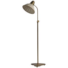 Vintage Hans Bergström, Floor Lamp, Brass, Fabric, Sweden, 1940s