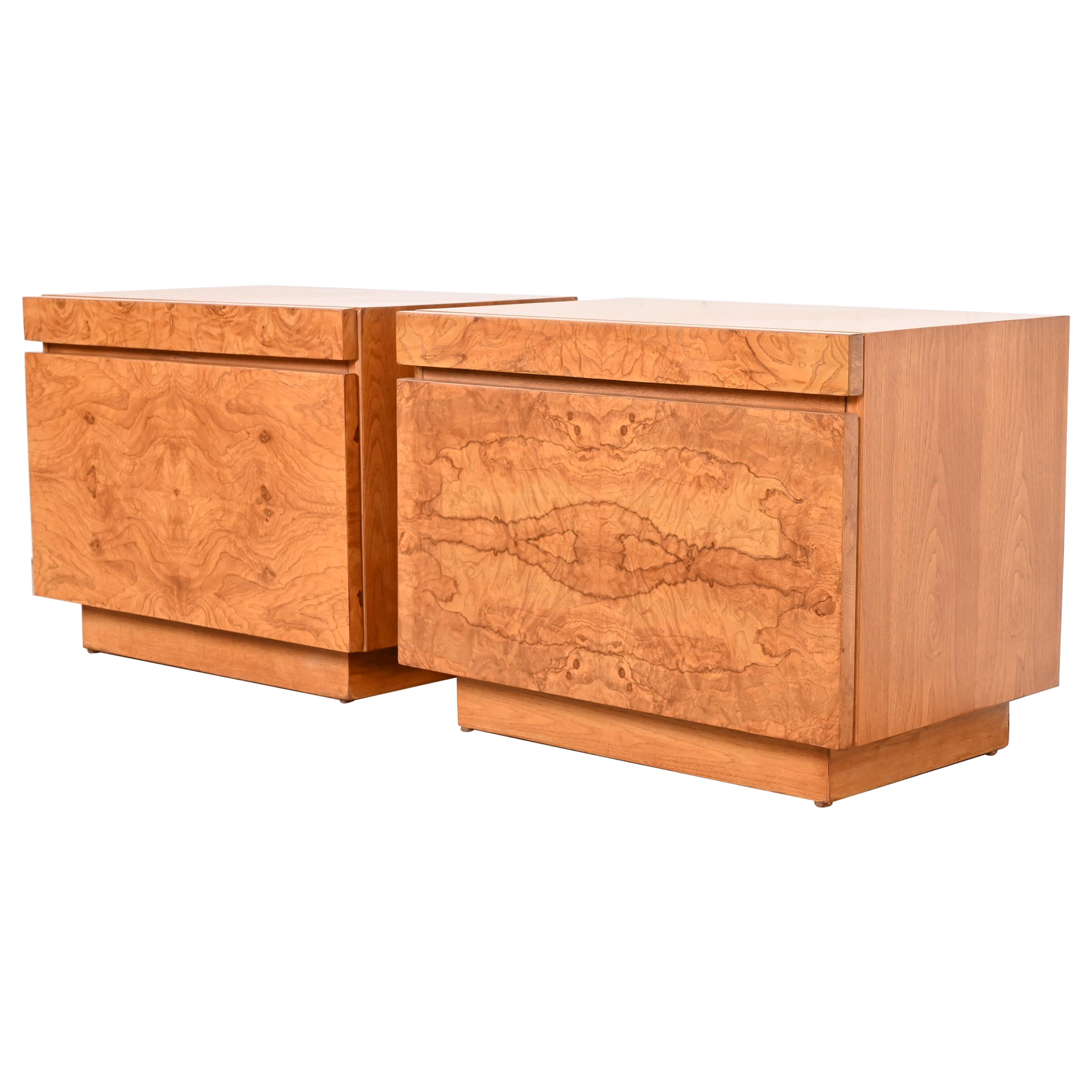 Milo Baughman Style Burl Wood Nightstands by Lane, Pair For Sale