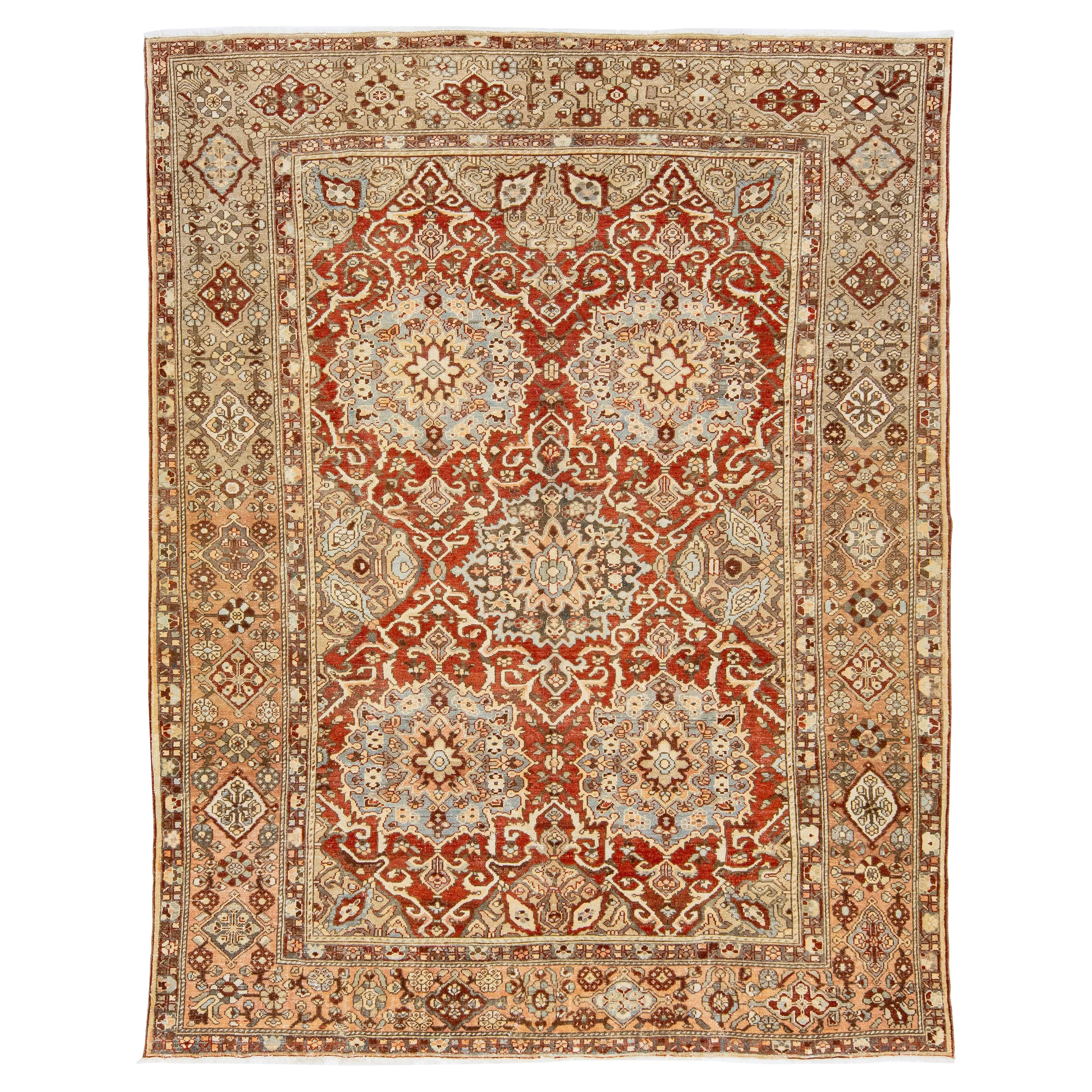 Rosette Persian Bakhtiari Wool Rug Handmade In Rust Color   For Sale