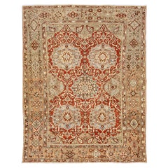 Rosette Persian Bakhtiari Wool Rug Handmade In Rust Color  