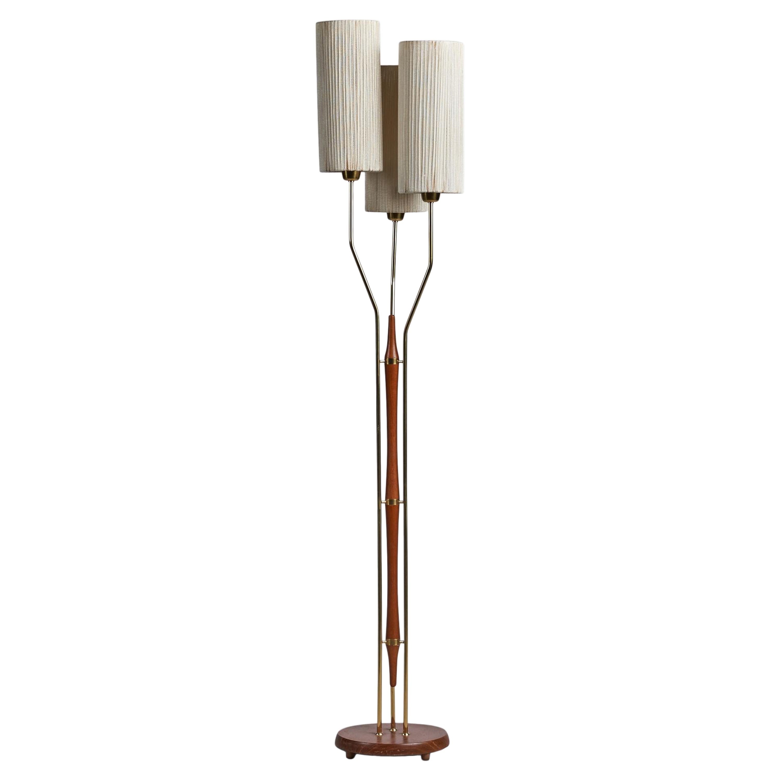 Swedish Designer, Floor Lamp, Brass, Fabric String, Teak, Sweden, 1950s For Sale