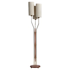 Swedish Designer, Floor Lamp, Brass, Fabric String, Teak, Sweden, 1950s