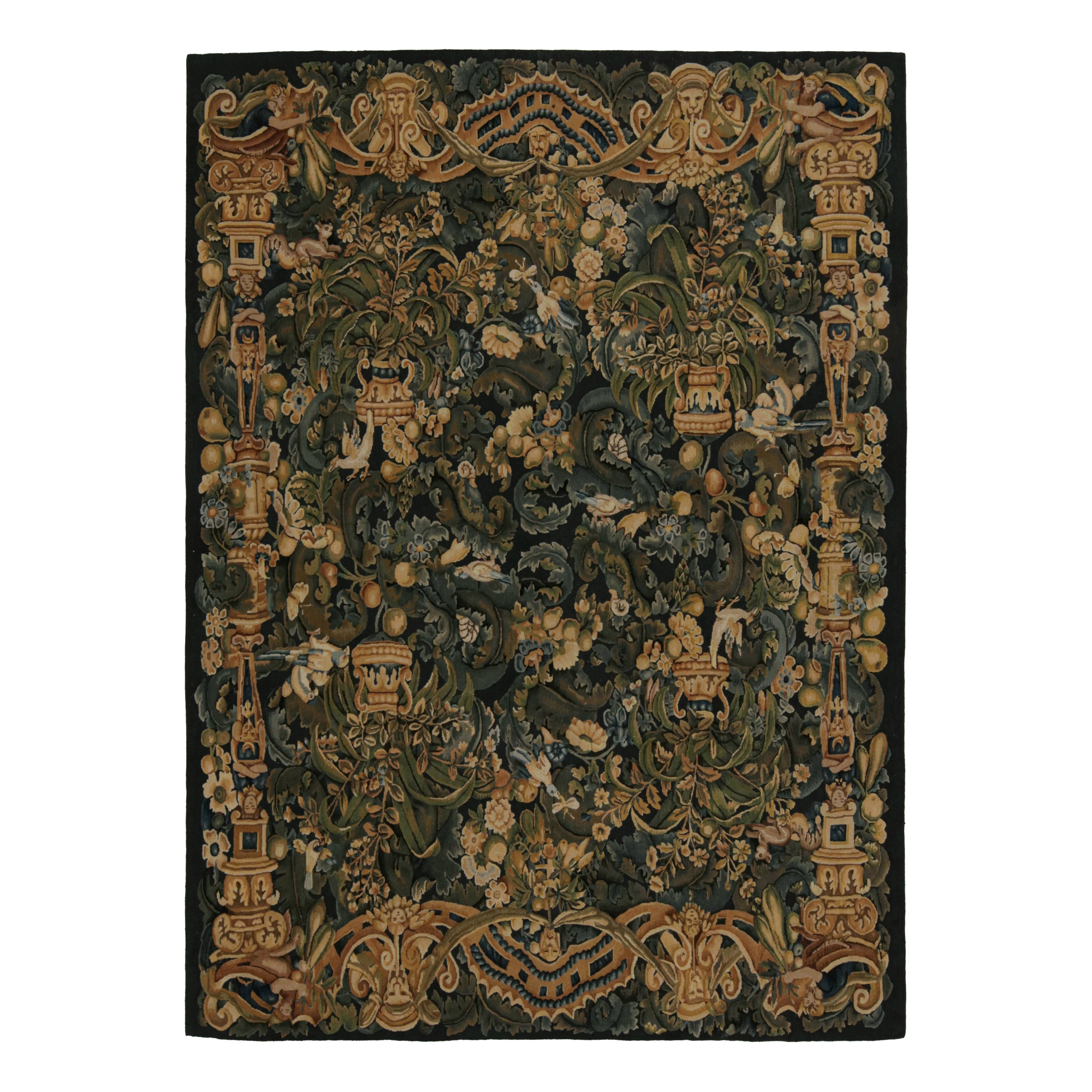 Rug & Kilim's Europäischer Tudor-Flachgewebe-Teppich mit Blumenmustern und Illustrationen