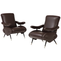 Retro Nello Pini for Novarredo, Pair of Reclining Leather Lounge Chairs, Italy 1959 