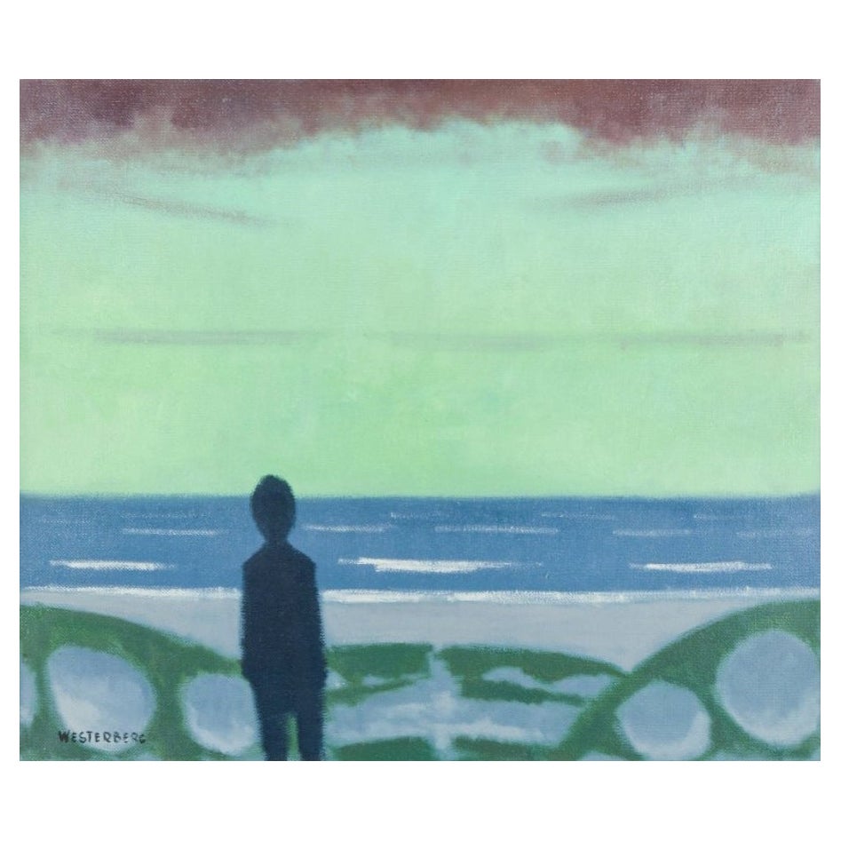 K. Westerberg alias Knud Horup. Oil on canvas. Sea view with a figure. 1970s For Sale