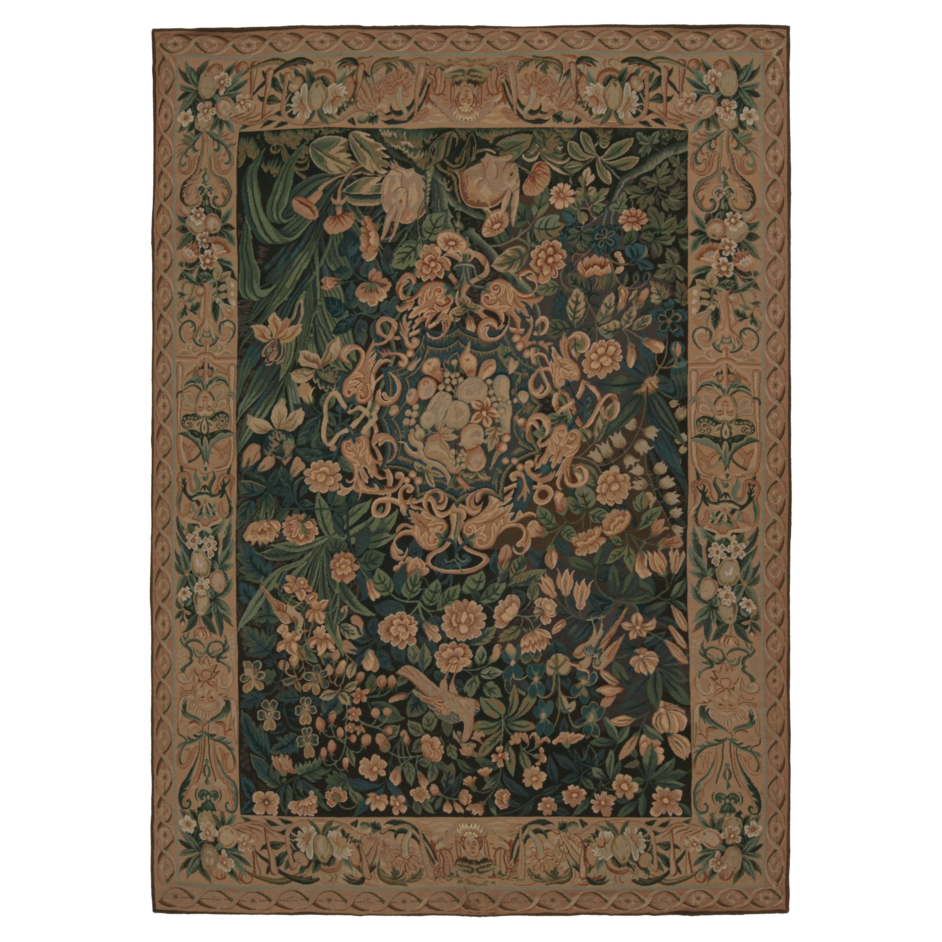Rug & kilim’s European Flatweave Rug in Brown with Pictorials and Floral Pattern For Sale