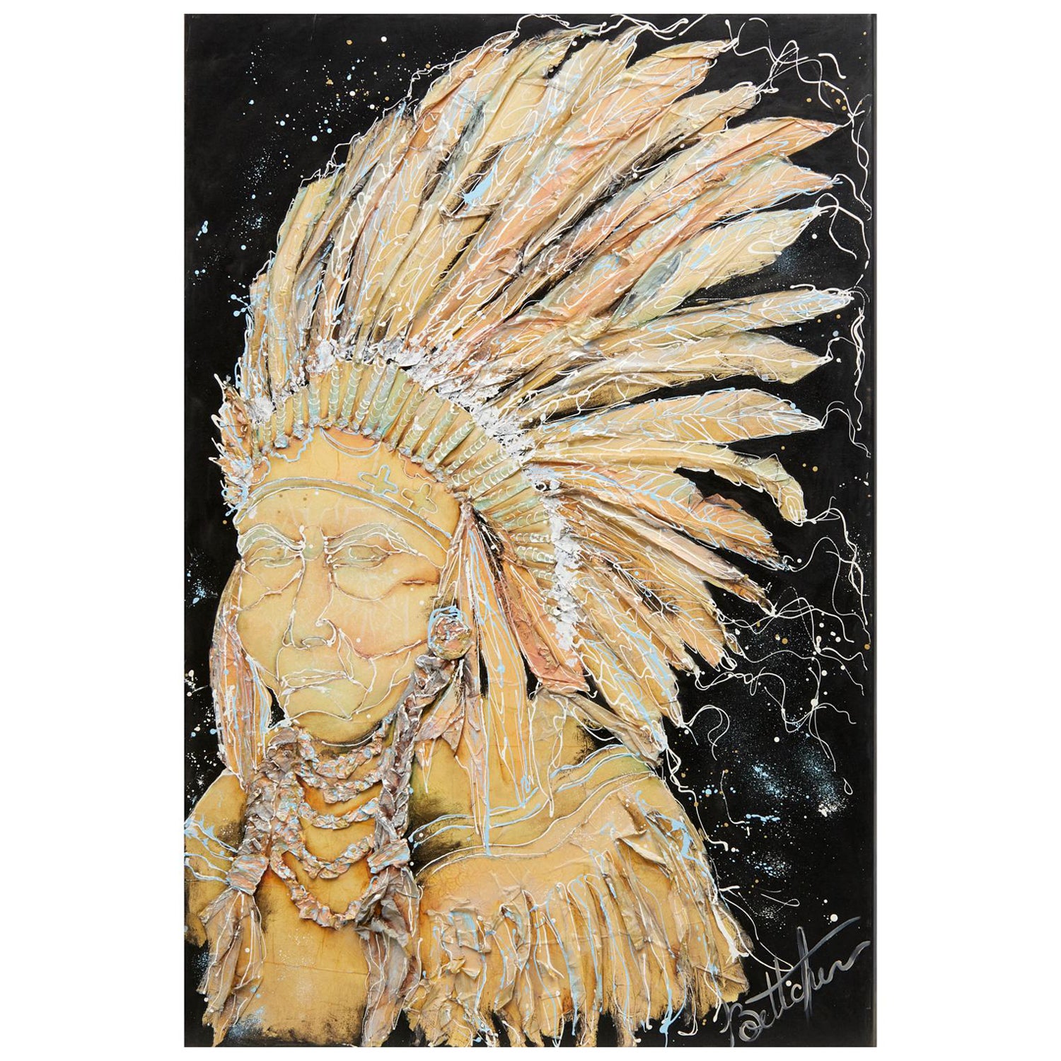 20th c. Large Collage of Native American Chief, Oil on Canvas and Paper Relief For Sale