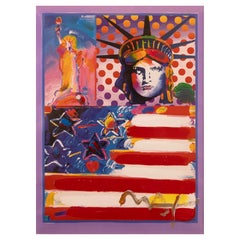 Peter Max God Bless America II Signed Mixed Media Acrylic Painting on Paper 2001