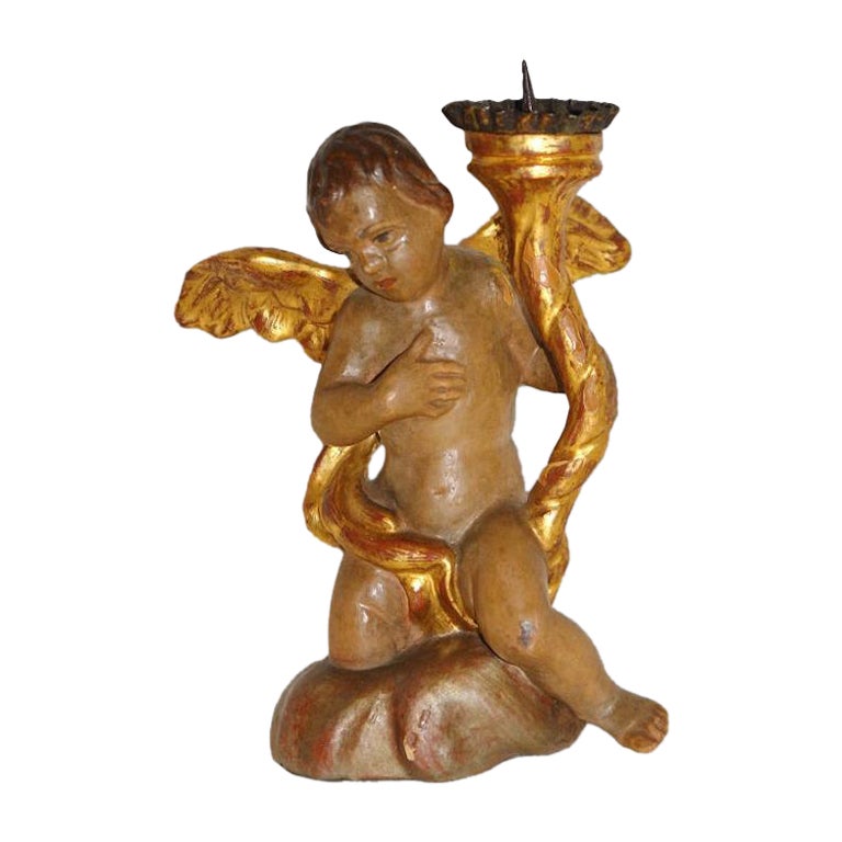 Carved Wood Angel Candlestick For Sale