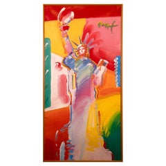 Tableau de la Statue de la Liberté signé Peter Max, technique mixte peinture acrylique sur papier des années 2000 F