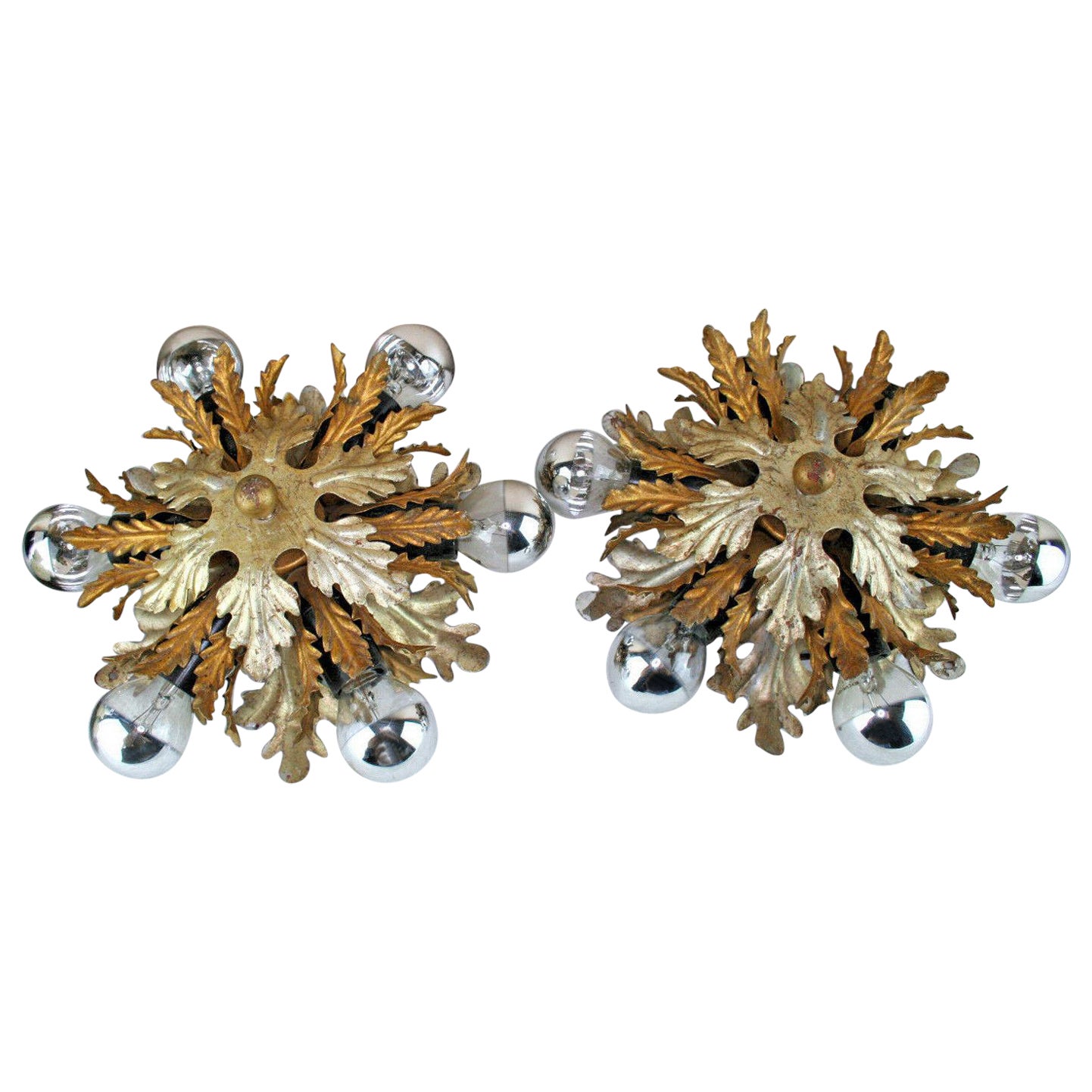 1970s Pair French Gilt & Silver Metal Floral Form Wall Sconces Sunburst For Sale