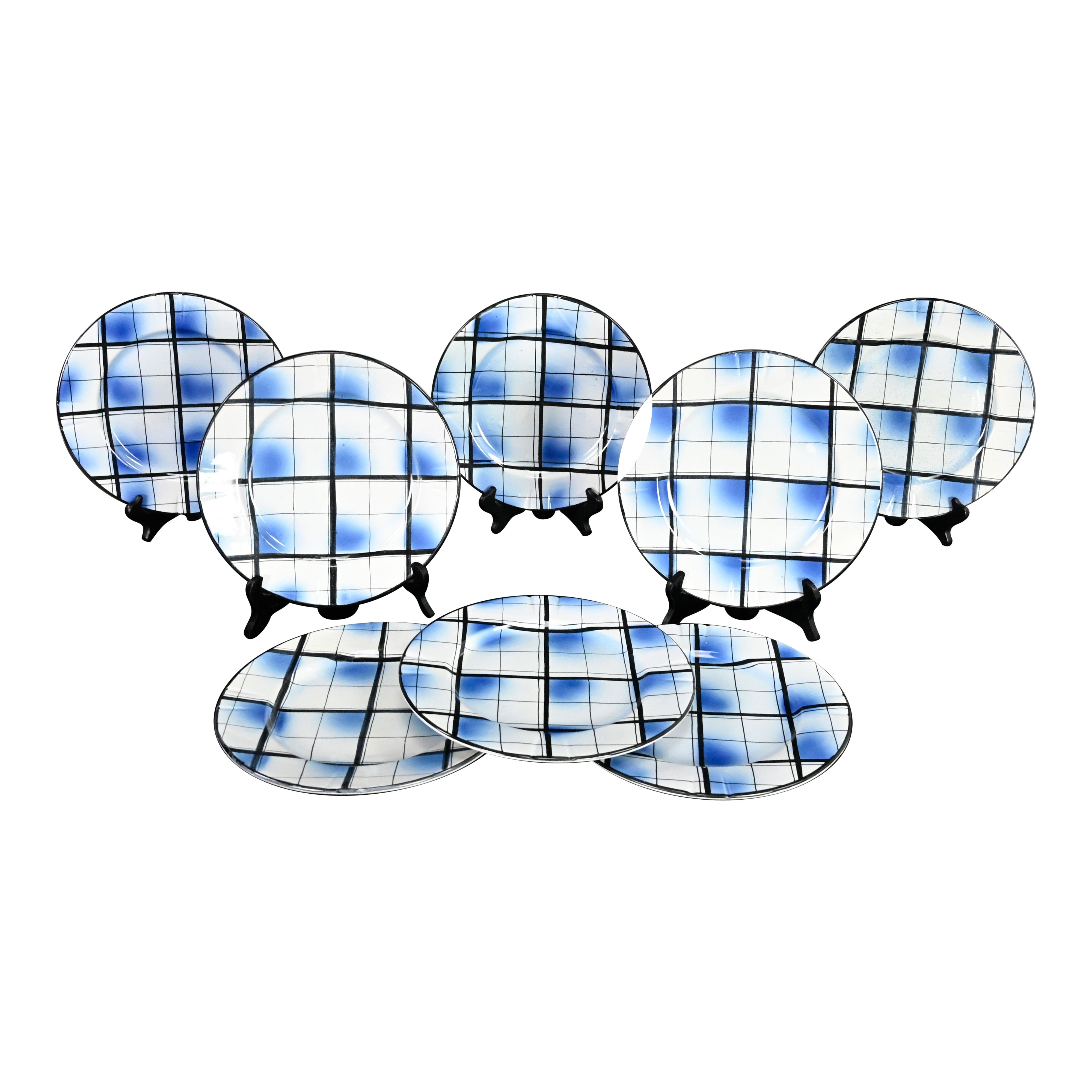 Mid-20th Century Erphila Edinburgh Blue Plaid Pottery Dinner Plates Made Italy
