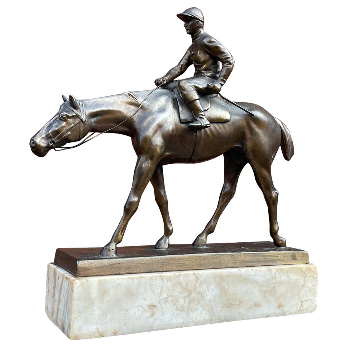 Antique & Stunning Bronzed Thoroughbred Racing Horse and Jockey on Marble Base