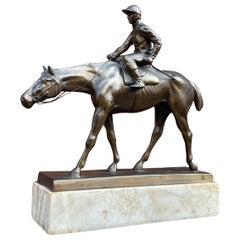 Used & Stunning Bronzed Thoroughbred Racing Horse and Jockey on Marble Base