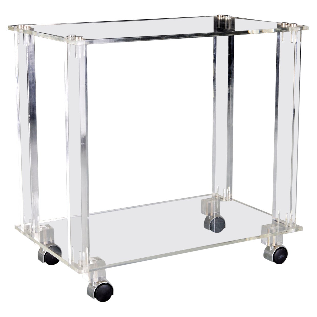 Vintage Two Tier Solid Acrylic Bar Cart  or Side Table on Casters  For Sale