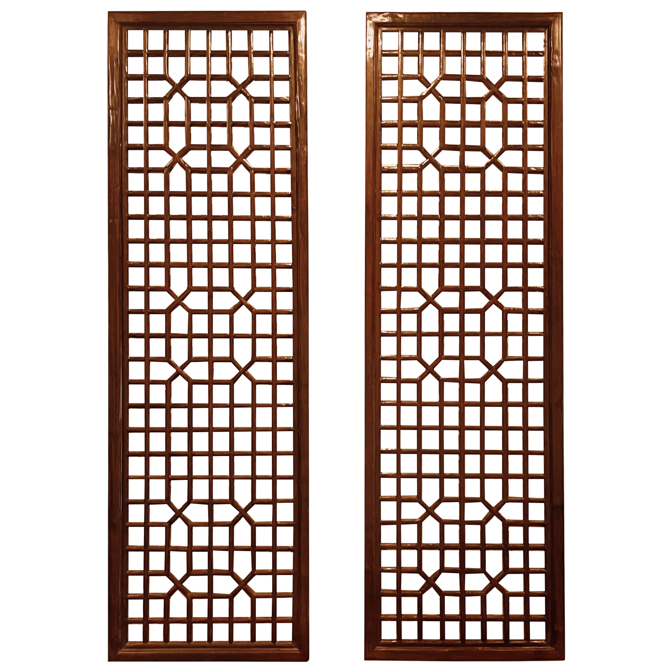 Pair of Tall Asian Window Panels with Geometric Design