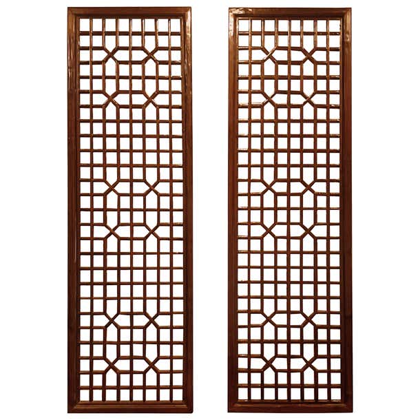 Pair of Tall Asian Window Panels with Geometric Design For Sale at 1stDibs