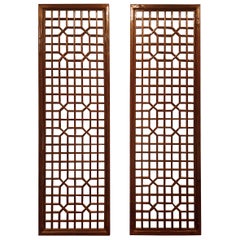 Pair of Tall Asian Window Panels with Geometric Design