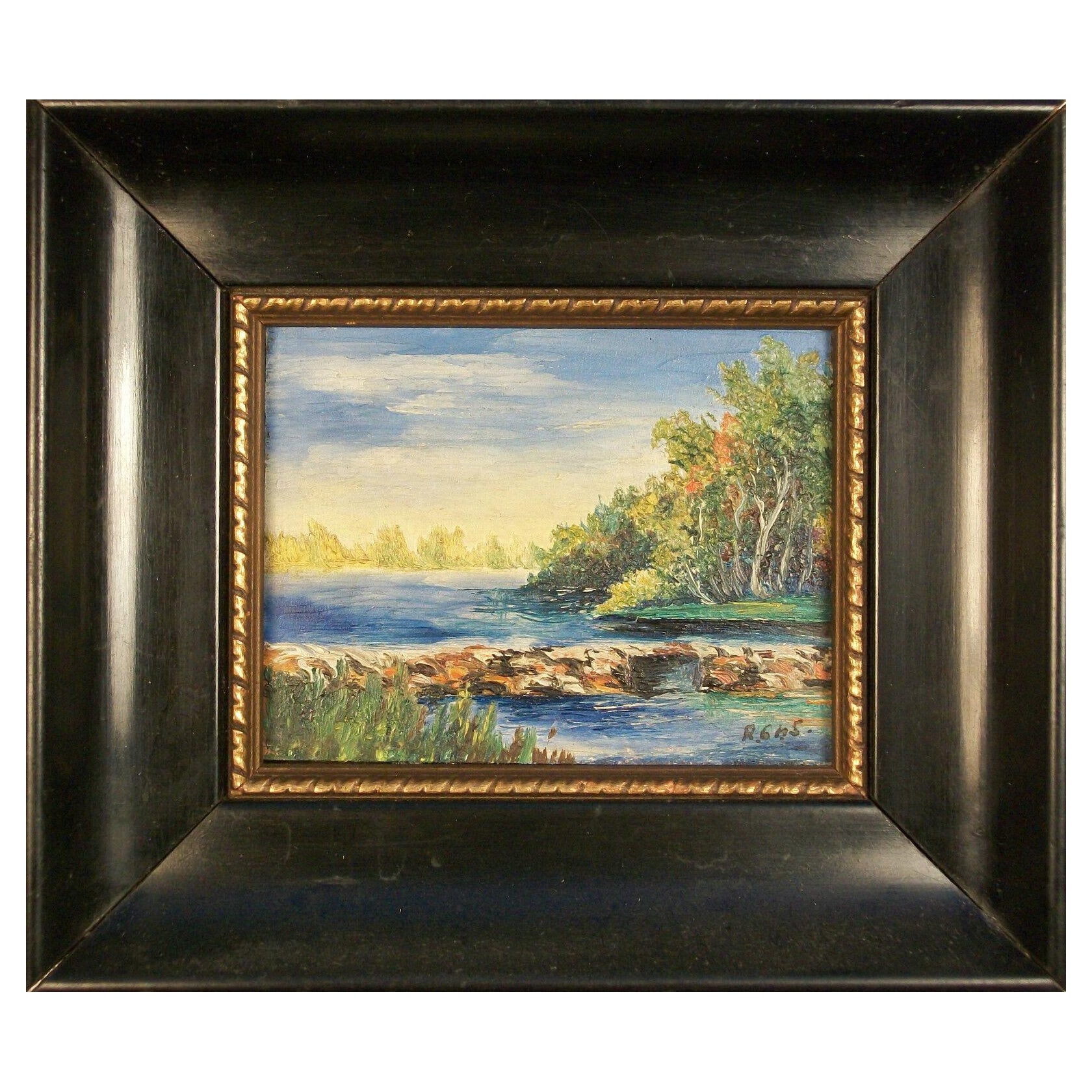 Peinture à l'huile de paysage miniature ancienne - Paraphe - Début du 20ème siècle