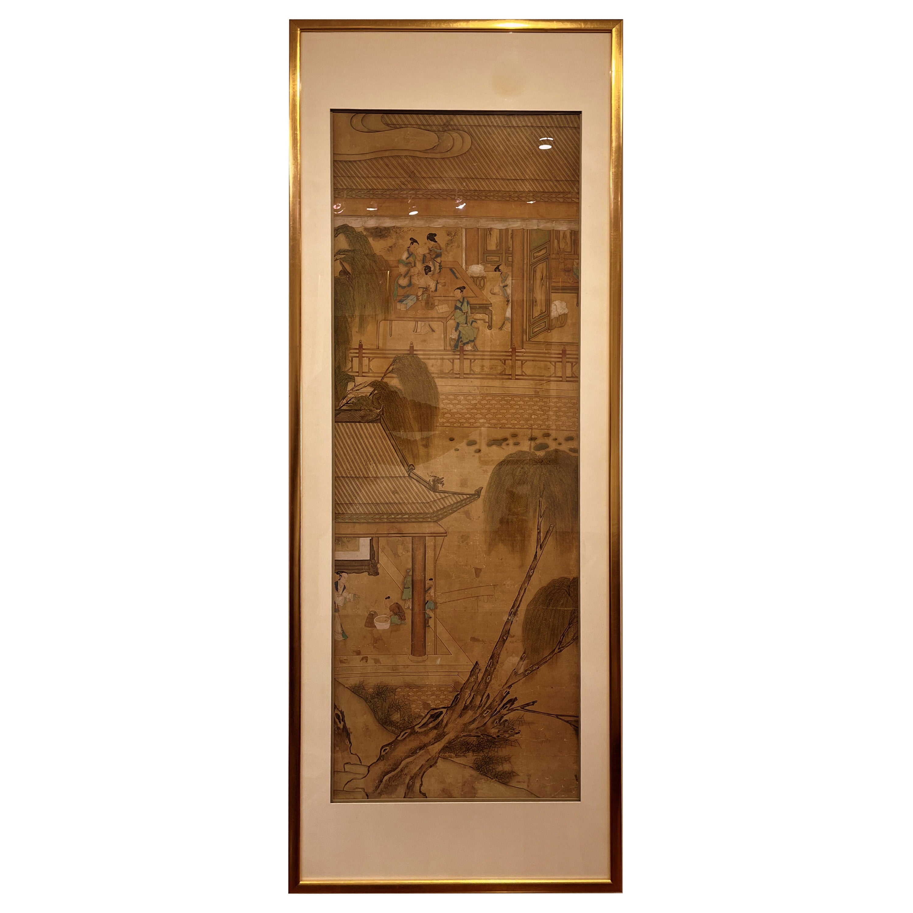 Chinese brush painting of women and children at leisure in the garden For Sale