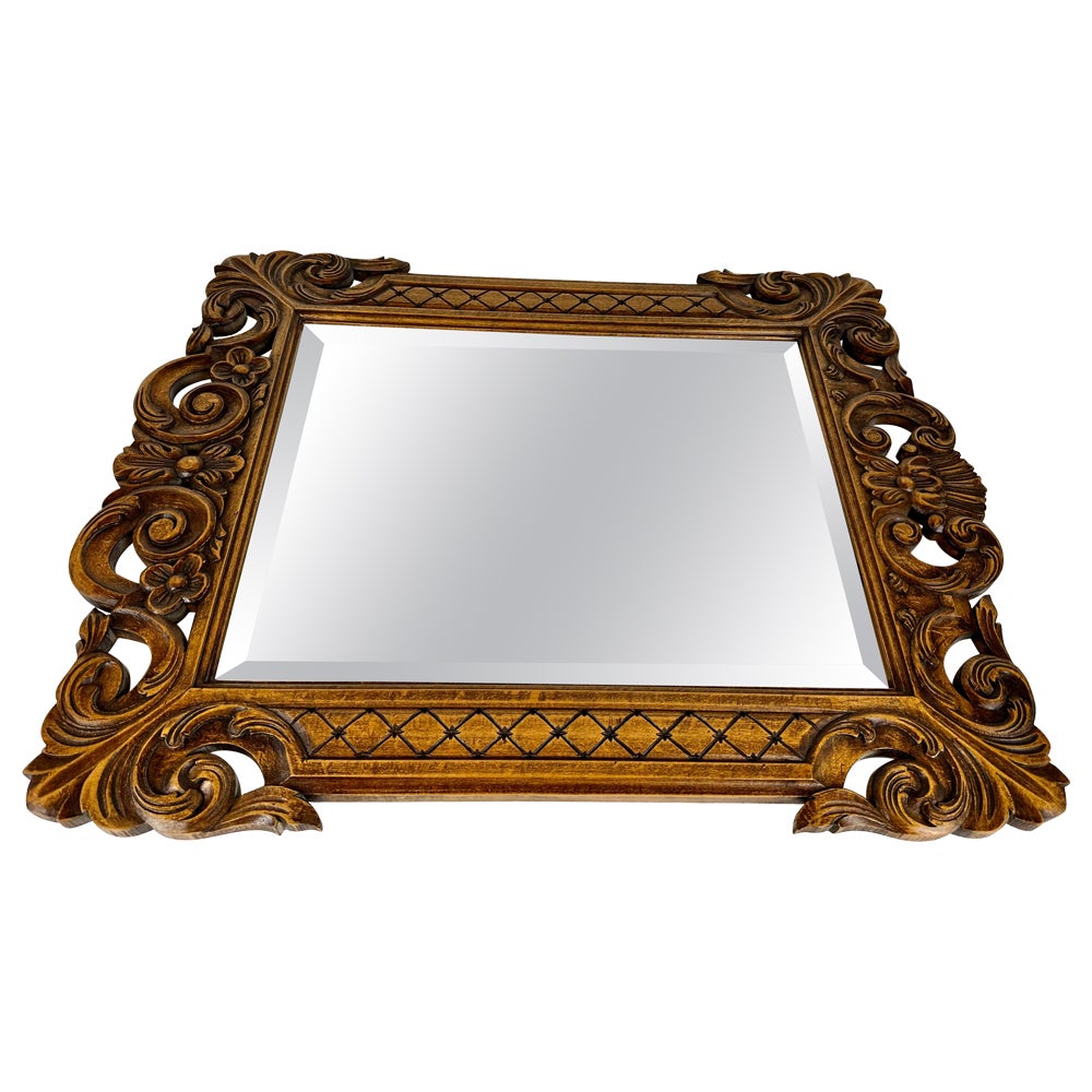 Vintage Wall Mirror In Wooden Carved Frame, 20th Century  For Sale