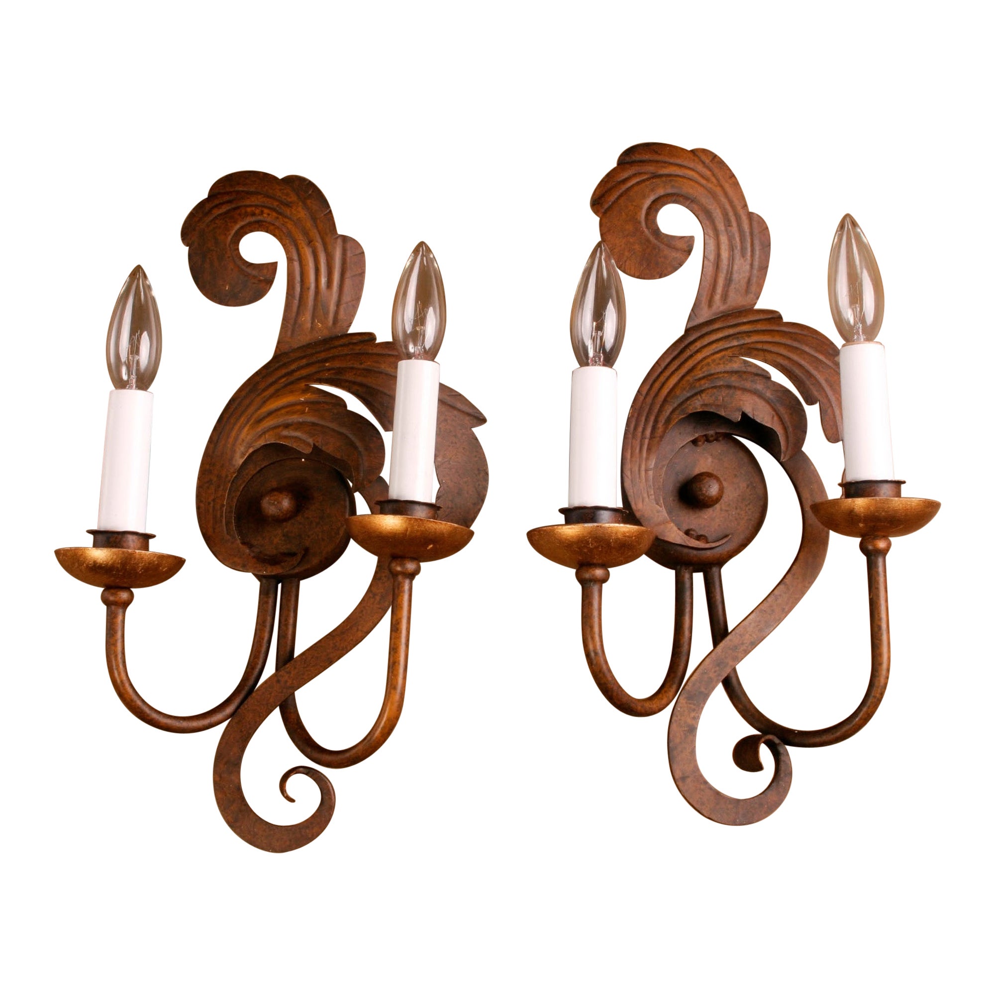 Pair of Two Light Italian Gilded Iron Sconces With Scroll Work and Gold Leaf For Sale