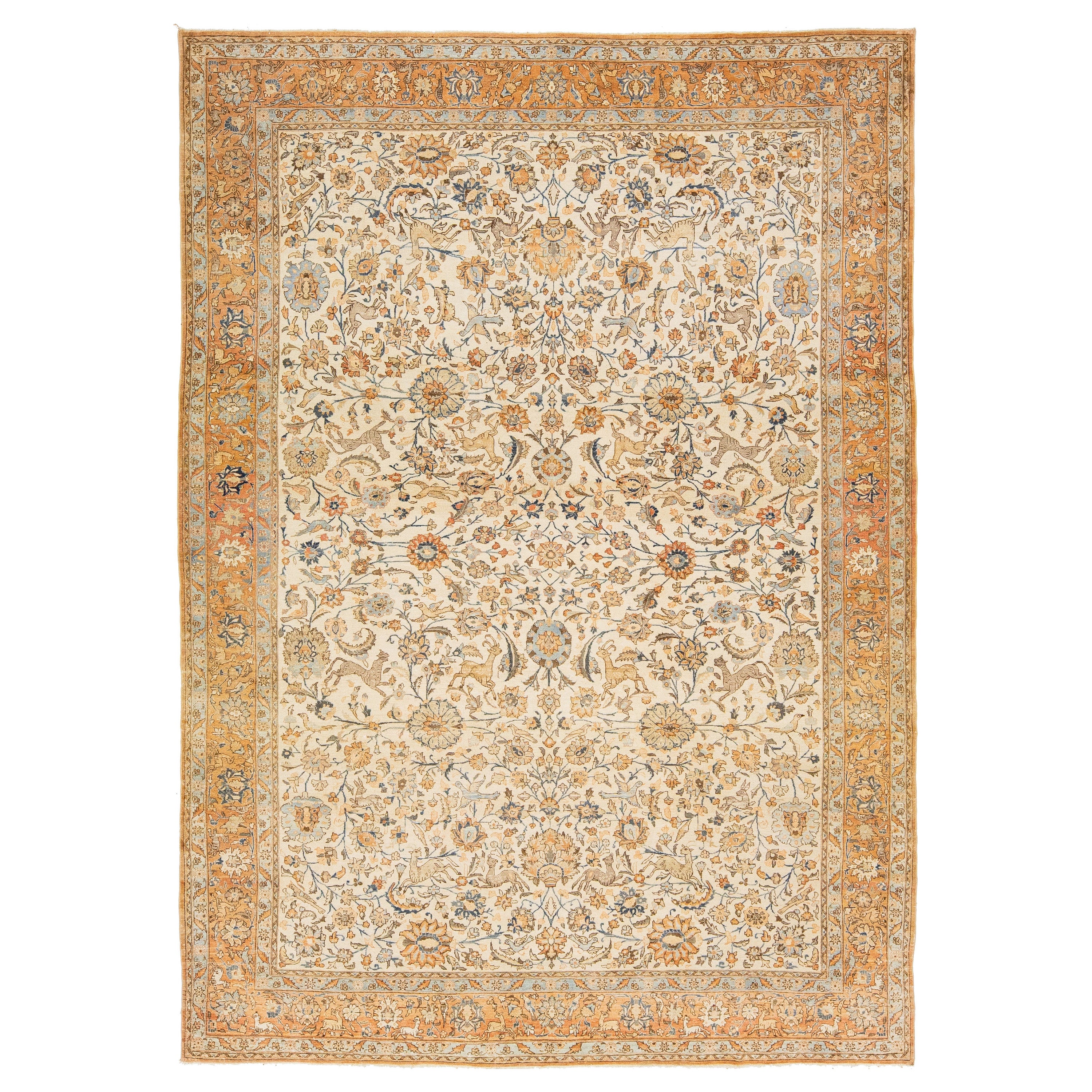 Floral Designed Antique Persian Tabriz Wool Rug Handmade In Beige and Orange For Sale