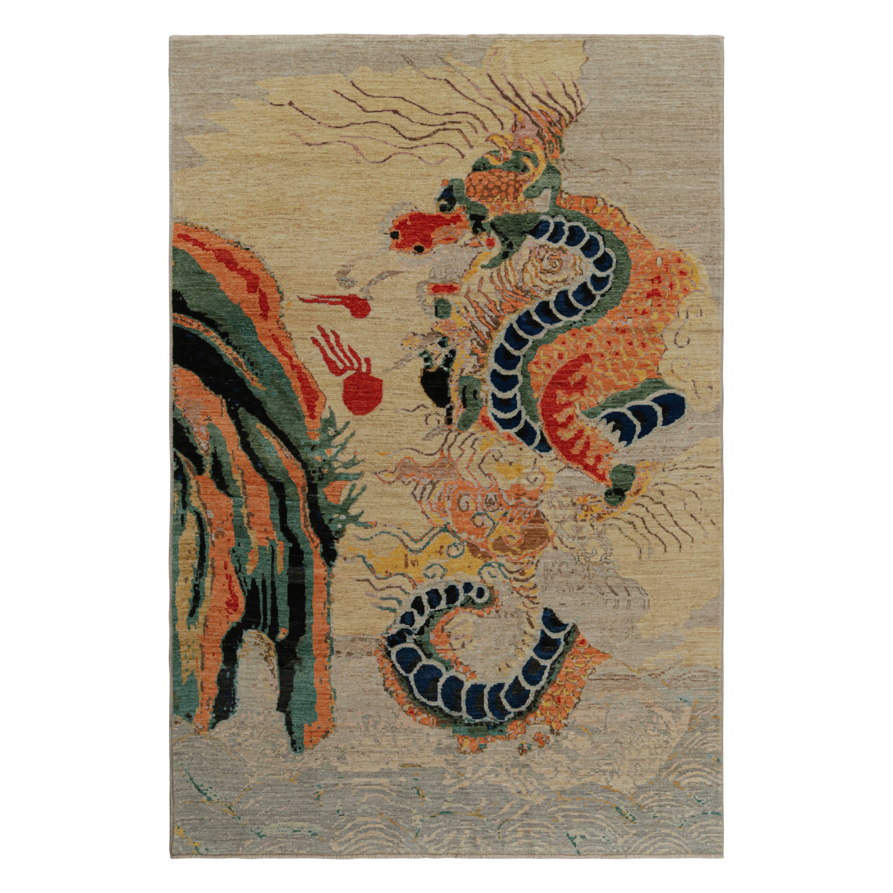 Rug & Kilim’s Modern Chinese Pictorial Dragon Rug in Beige For Sale