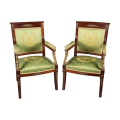 Pair of French Empire Mahogany Armchairs with Bronze Swans, Circa 1870