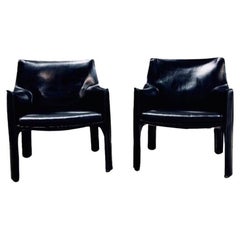 Pair Mario Bellini Black Leather Cab Chairs, Model 414 for Cassina Italy, 1980