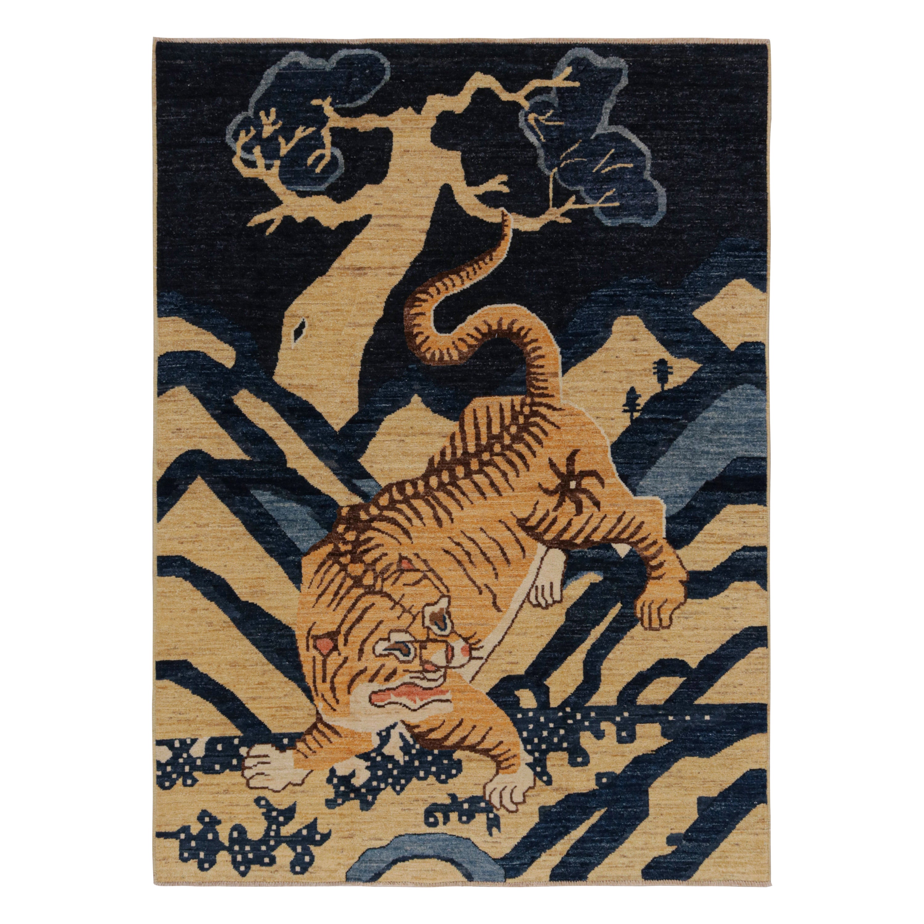 Rug & Kilim’s Modern Peking “Tiger” Pictorial Rug in Navy Blue and Gold For Sale