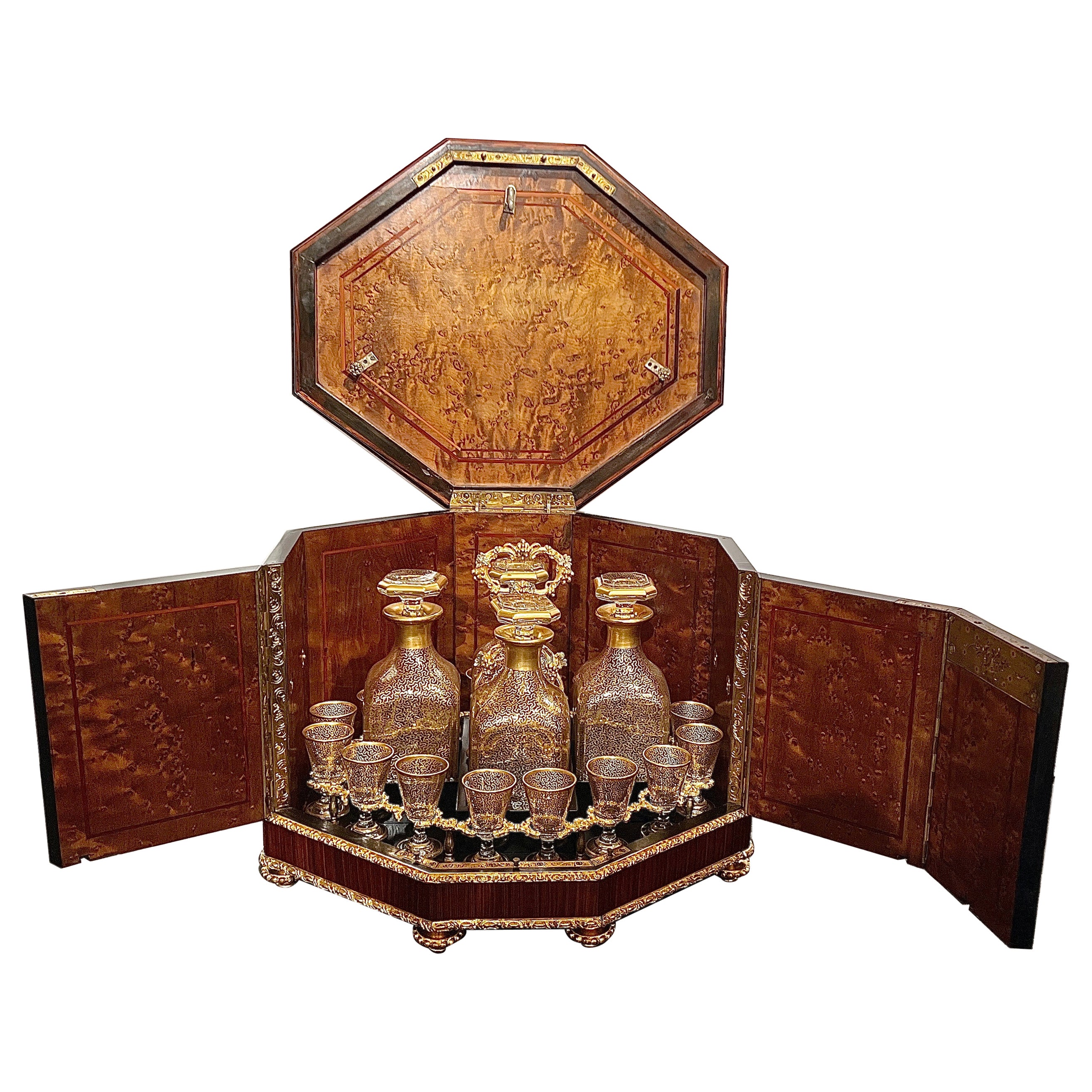 Antique Ormolu Mounted Kingwood and Baccarat Crystal Cave À Liqueur, Circa 1880. For Sale