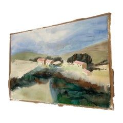 Retro Landscape Artwork on Paper. Possibly Watercolor.